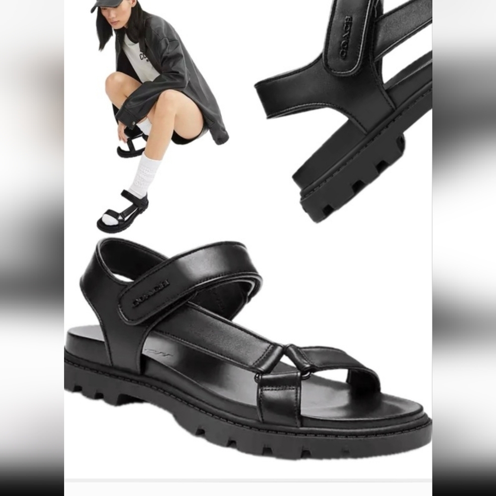 Coach Black Leather Women's Adjustable Strap Sandals